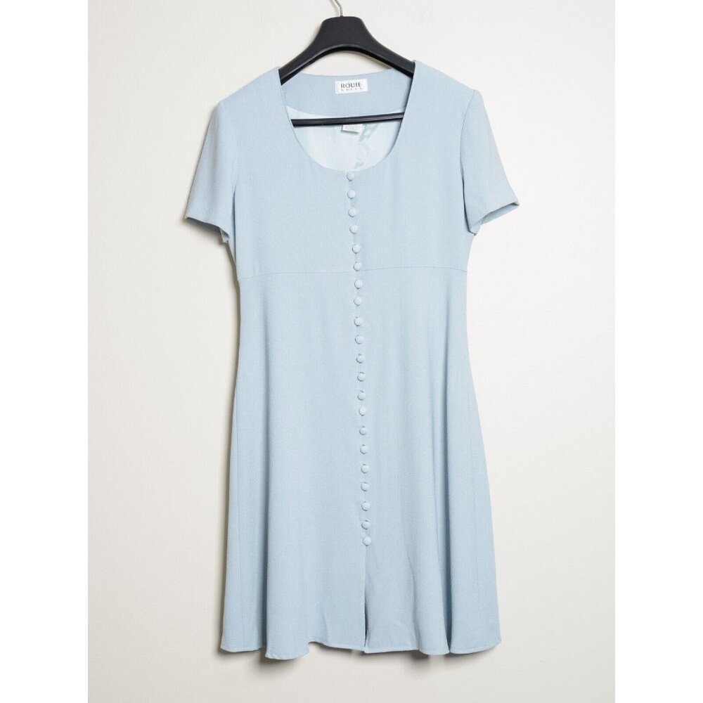 Vintage 70s Rouie A-Line Dress Womens 6 Knee Length Scoop Neck Short Sleeve Blue